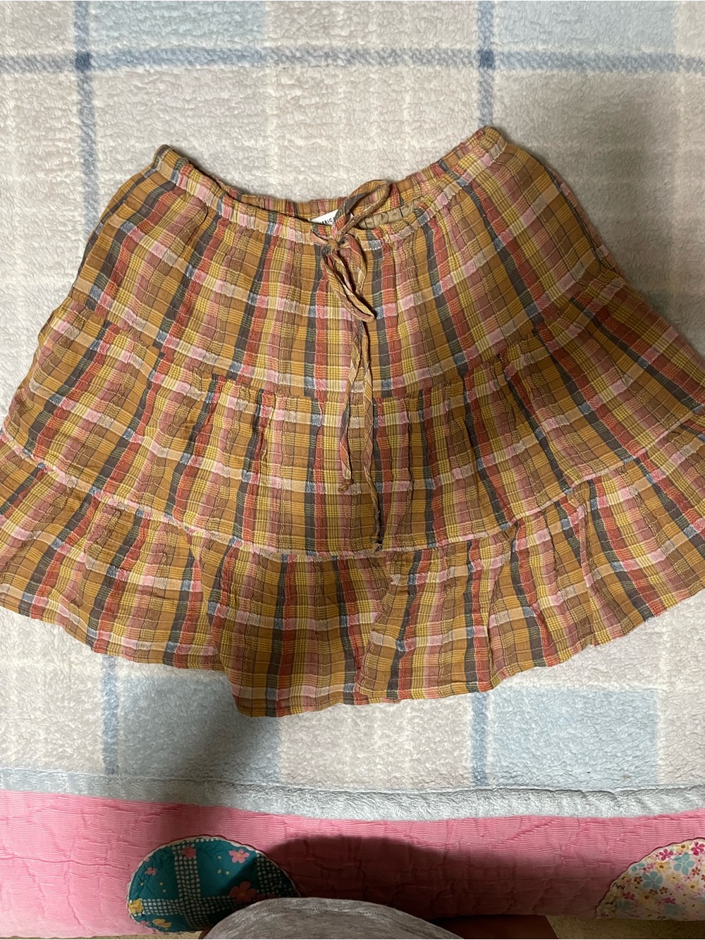American Eagle Outfitters Yellow and Pink Plaid Tiered Mini Skirt